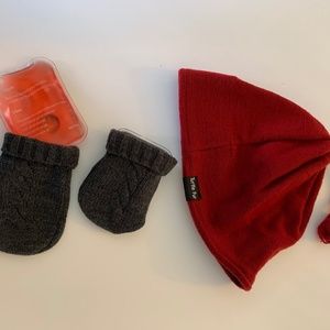 RED MERINO WOOL BEANIE MEN HAT & 2 HAND WARMERS